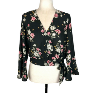 H&M black floral wrap blouse